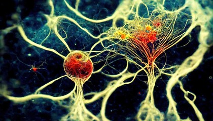Microscopic image of human or alien cells, inside human body, creation of life, mesmerize movement of cells, neuronal links in human brain, synapses, electrical impuls in human body - obrazy, fototapety, plakaty
