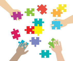 Naklejka premium Four hands putting multicolor puzzle pieces together. Teamwork, cooperation, business, solution, work concept.