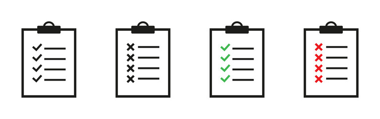 Clipboard vector icons. Tick symbol. Red cross tick.  Vector isolated illustration. 