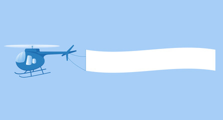 Blue helicopter in cartoon style on blue sky with banner