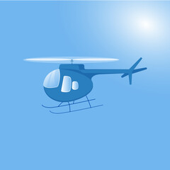 Blue helicopter in cartoon style on blue sky