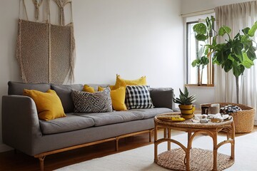 The modern boho compostion at living room interior with design gray sofa, wooden coffee table, rattan basket and elegant personal accessories. Honey yellow pillow and plaid. Cozy apartment. Home decor