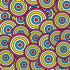 Abstract colorful chaotic circles design pattern background. Psychedelic circles seamless pattern, doodle texture in bright colors, pop culture styled background, vivid backdrop illustration.