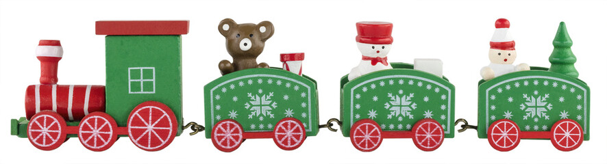 Vintage red-green Christmas kids wooden train toy with the transparent png background
