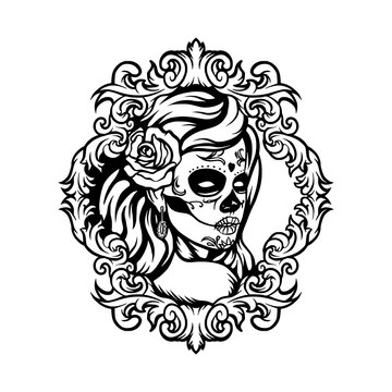 Sugar skull lady with ornament frame