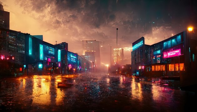 The Streets In A Fantasy City, With Blue And Orange Light Tint,  Neon Lights, Cinematic Atmosphere.