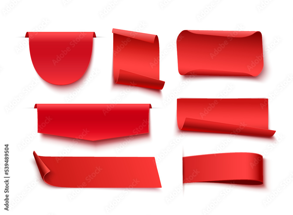 Poster red blank tags, labels or badges are isolated on white background. different shape curved ribbons