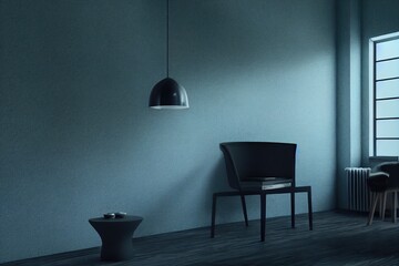 The interior has a dark blue armchair on empty dark wall background,3D rendering