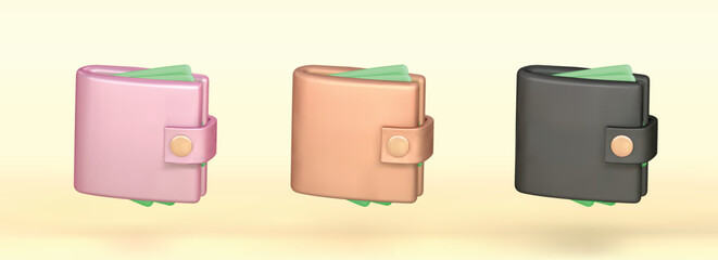 wallet isolated vector 3d icon. soft lilac, black wallet 3d illustration.