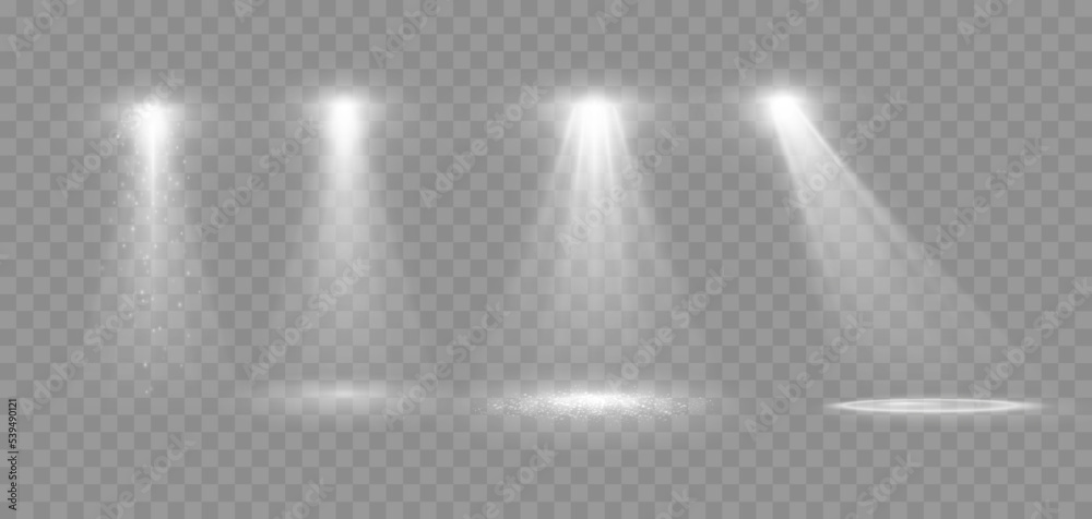Poster set of spotlight. vector glowing light effect with rays and beams isolated