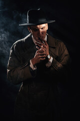 A noir portrait of a male detective lighting a cigarette. Private detective, spy, investigation...