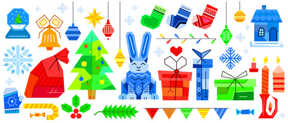 Christmas design and card set, geometric abstraction in flat cut paper style. Christmas tree and presents, candles, candy, bell and snowflakes, bunny and garlands. Vector illustration for the new year