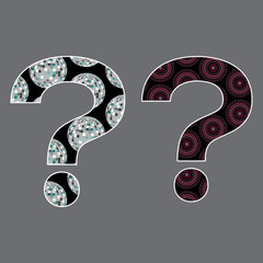 Illustration creative question marks with pattern of disco balls and mandala shapes isolated on gray background.