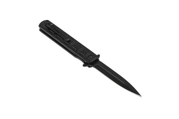 Pocket folding knife isolate on white back. Compact metal sharp knife with a folding blade.