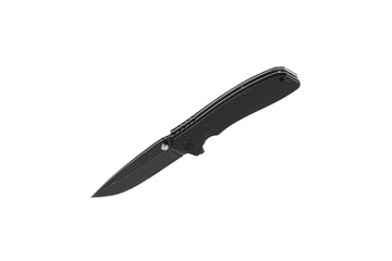 Pocket folding knife isolate on white back. Compact metal sharp knife with a folding blade.