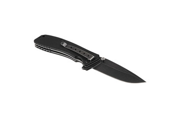 Pocket folding knife isolate on white back. Compact metal sharp knife with a folding blade.