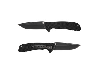 Pocket folding knife isolate on white back. Compact metal sharp knife with a folding blade.