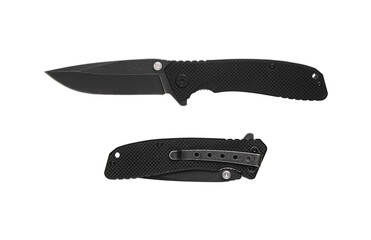 Pocket folding knife isolate on white back. Compact metal sharp knife with a folding blade.