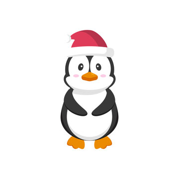 Cute cartoon penguin with santa hat isolated on white background