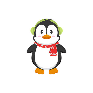 Cute cartoon penguin with red scarf and headphones isolated on white background