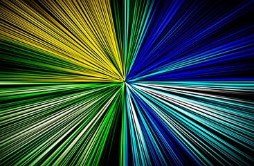 Abstract surface of blur radial zoom in green, white, blue and yellow tones on black background. Vivid colorful background with radial, diverging, converging lines.