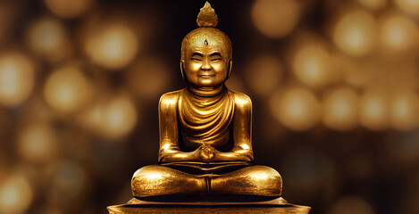 Golden sculpture of seated Buddha. Tibetan Buddhism, Lamaism, Vajrayāna Buddhism, Tantric Buddhism, Indo-Tibetan, Himalayan culture.