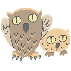 Two cute wood owls, mom and baby