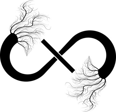 An infinity symbol composed of black roots and branches.