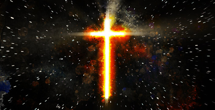 conceptual cross wit stars explosion illustration, background for media