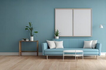 Fototapeta premium Interior of the room in plain monochrome pastel blue color with furnitures and room accessories. Light background with copy space. 3D rendering for web page, presentation or picture frame backgrounds.