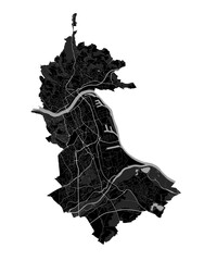 Linz map. Detailed black map of Linz city poster with roads. Cityscape urban vector.