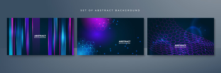 Fototapeta premium Set of modern digital business technology blue purple abstract design background with lines, waves, speed lights, motion, data concept, science element, cyberspace shapes, and connection lines.