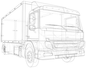 Commercial cargo van. Wire-frame Truck freight. Wire-frame line isolated. Vector rendering of 3d.