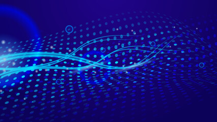 Modern digital business technology blue and purple abstract design background with particle dots, wave, data connect, and digital shapes
