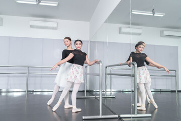 Female ballet dancers rehearse in ballet classes, they practice dancing, they are professional theater actors.