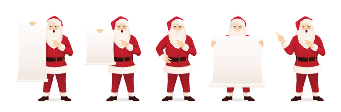 Cartoon Santa Claus character set in different poses. Pointing, showing, holding empty blank board. Vector Christmas isolated illustration. 