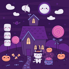Halloween night landscape with a haunted house. Cute kawaii cat with witch hat, pumpkins, sweets, ghost and potion cauldron. Cartoon characters. Full moon in the sky. Vector illustration.