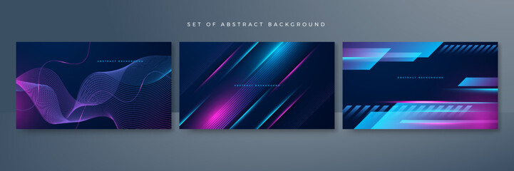 Set of modern digital business technology dark blue abstract design background with lines, waves, speed lights, motion, data concept, science element, cyberspace shapes, and connection lines.