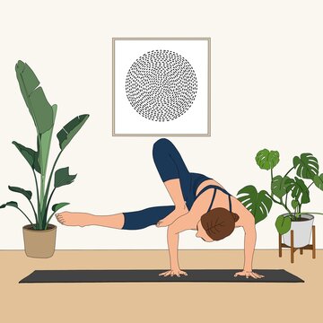 Dragonfly Ppose/ Parsva Bhuja Dandasana. Flexible Woman doing stretch yoga asana pose exercise. At home studio interior fashion cartoon painting illustration person figure practicing yoga workout.