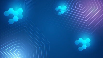 Blue background with various technological elements. Hi-tech computer digital technology concept. Abstract technology communication. Hexagon glowing lines. Speed and motion blur over dark background.