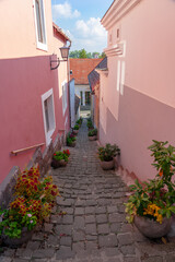 Beautiful colorful cityscape of Szentendre with autumn flower pots on a narrow stairway