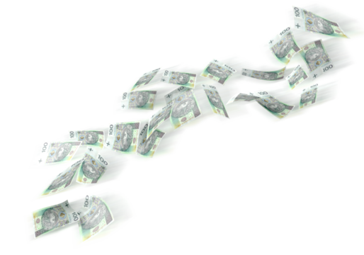 Flying polish 100 zloty banknotes isolated on white background. Banner with money from Poland.