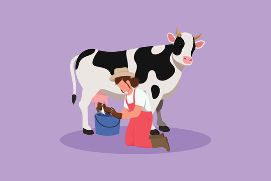 Graphic flat design drawing female farmer milking a cow in the bucket. Breeding cows. Ranch or farm. Livestock or cattle. Production of dairy products at the meadow. Cartoon style vector illustration