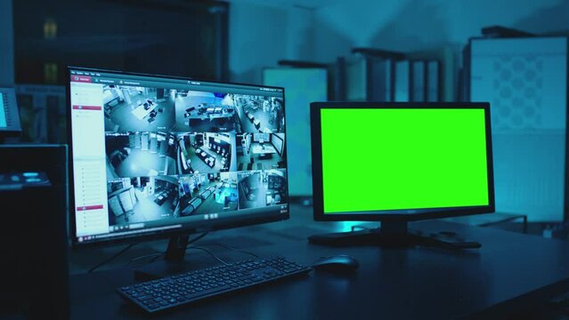 Few monitors with green screen in dark modern room. Concept of monitoring , trading , analysing room and security systems . Picture in picture. PIP. Spying on visitors in parking or store