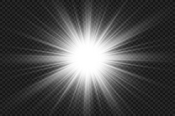 Special lens flash, light effect. The flash flashes rays and searchlight. illust.White glowing light. Beautiful star Light from the rays. The sun is backlit. Bright beautiful star. Sunlight. Glare.