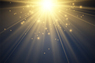Naklejka premium Special lens flash, light effect. The flash flashes rays and searchlight. illust.White glowing light. Beautiful star Light from the rays. The sun is backlit. Bright beautiful star. Sunlight. Glare.