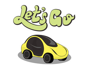 Small yellow car on a white background. Let's go. Vector illustration.