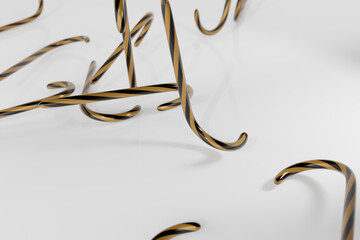 Black and gold coloured candy canes. Dropping onto studio shiny white backdrop. 3D rendering