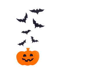 Happy halloween pumpkin smile and bats make from black paper cut on white background, Decorative Halloween concept