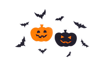 Happy halloween pumpkin smile and bats make from black paper cut on white background, Decorative Halloween concept